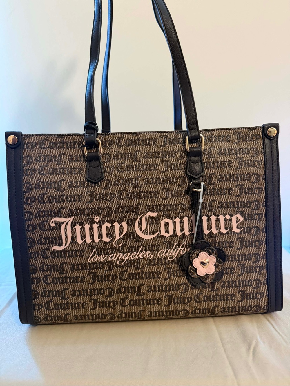 Juicy Couture Brown Logo Tote with Pink Flower Charm
